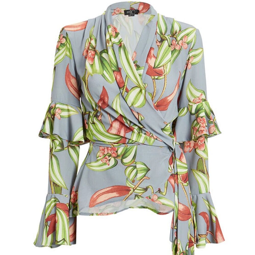 Pat Bo Zebrina Floral Wrap Long Sleeve Shirt AND Shorts Set XS